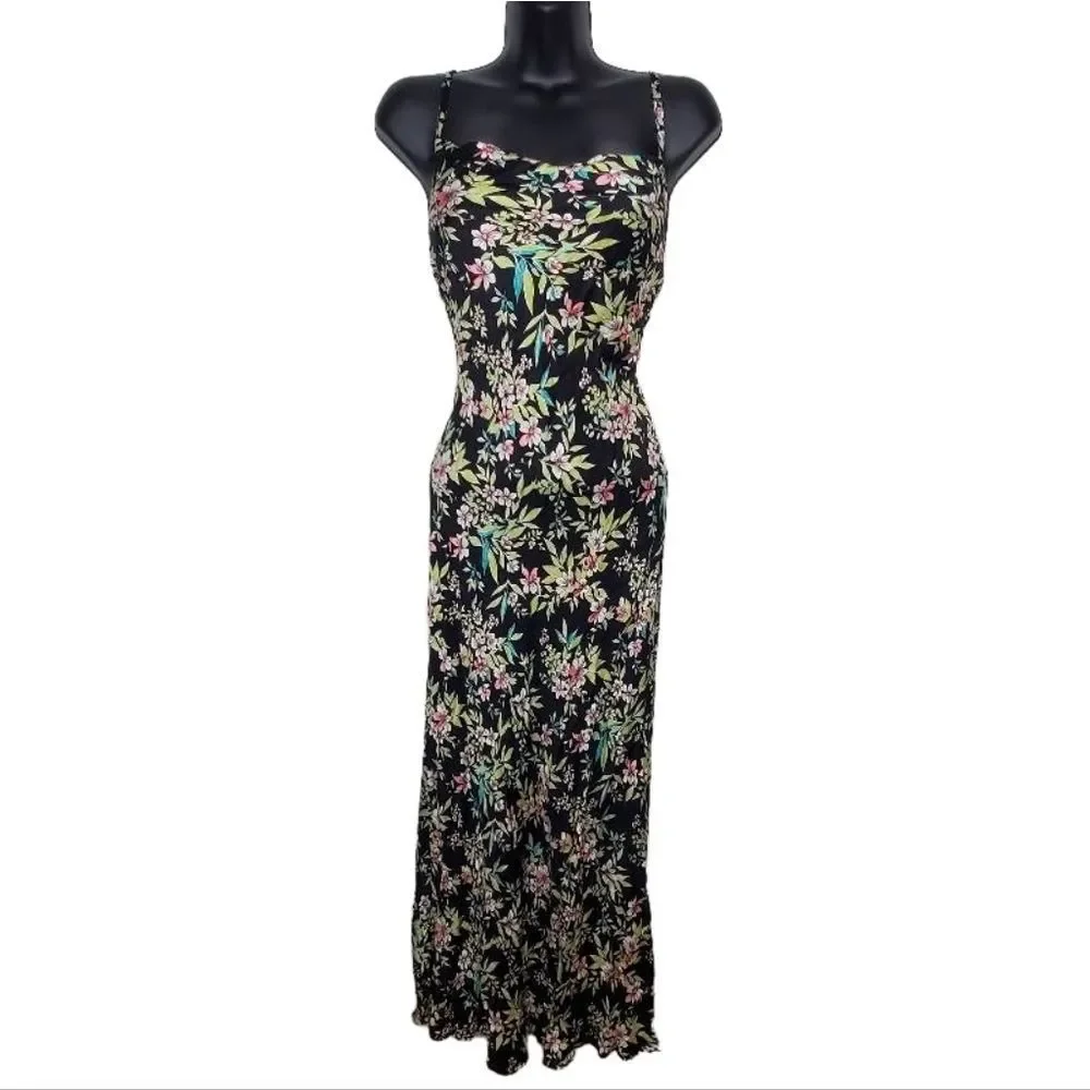Love…Ady Black Lime Green Tropical Floral Midi Maxi Slip Fluted Dress Size S